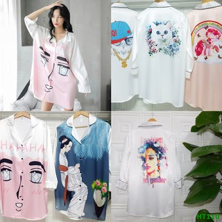 Đầm ngủ pijama kiểu dáng sơ mi hàng thiết kế chất vải lụa cao cấp - váy ngủ sơ mi lụa dài tay Hàn Quốc màu trắng