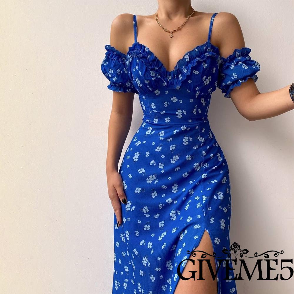 Đầm Hoa Tay Ngắn Cổ Chữ V Xẻ Tà Thời Trang Cho Nữ