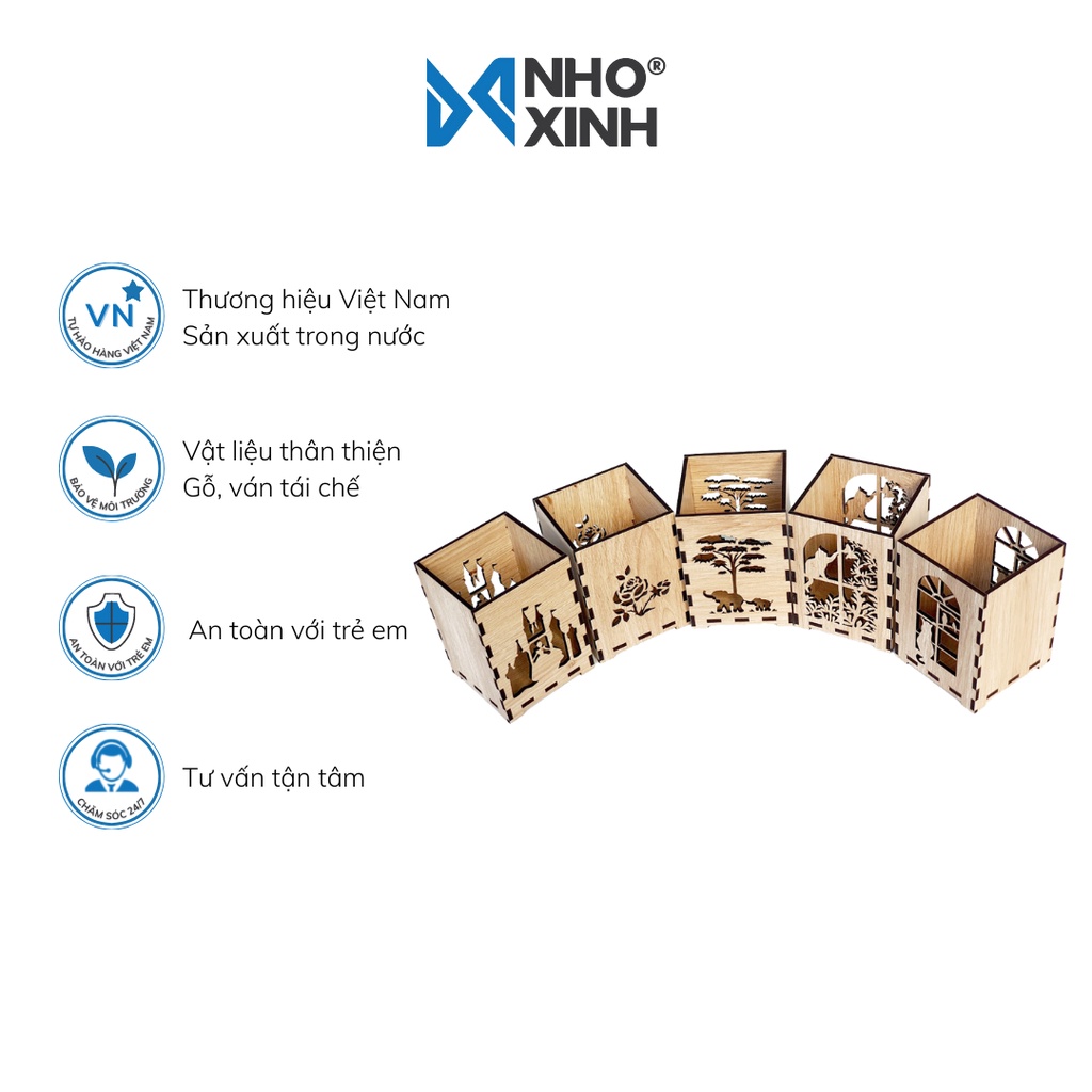 Lọ ống gỗ cắm bút khắc họa tiết con thú, đồ dùng trang trí bàn học, làm việc - Nhỏ và Xinh