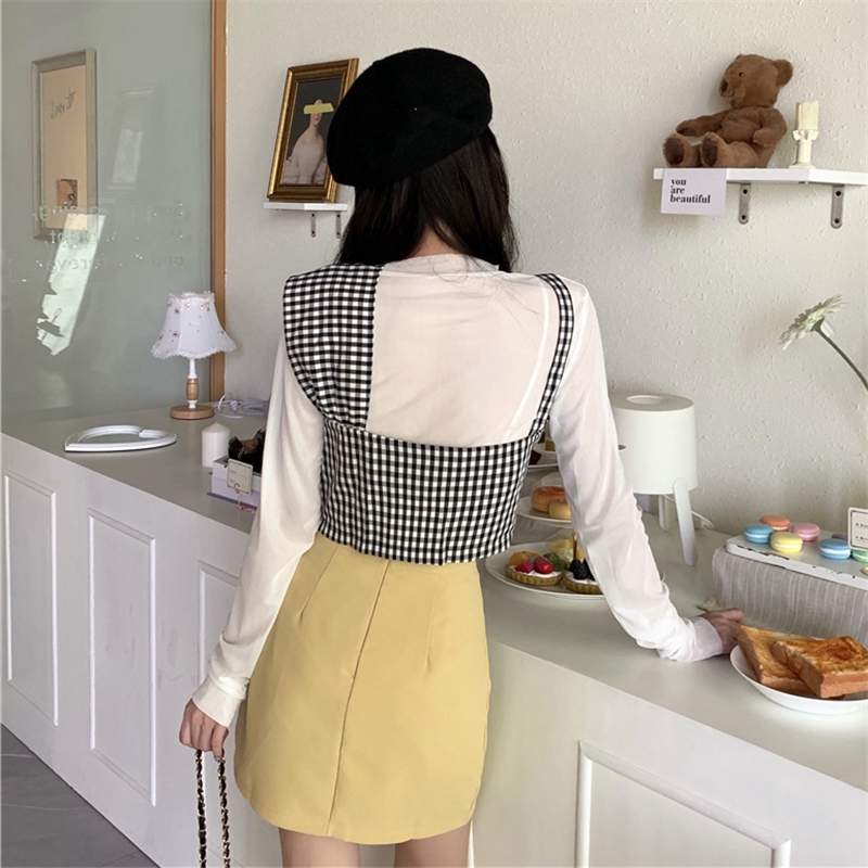 SUXI Korean Fashionable Mesh Long Sleeve Shirt + Plaid Shirt