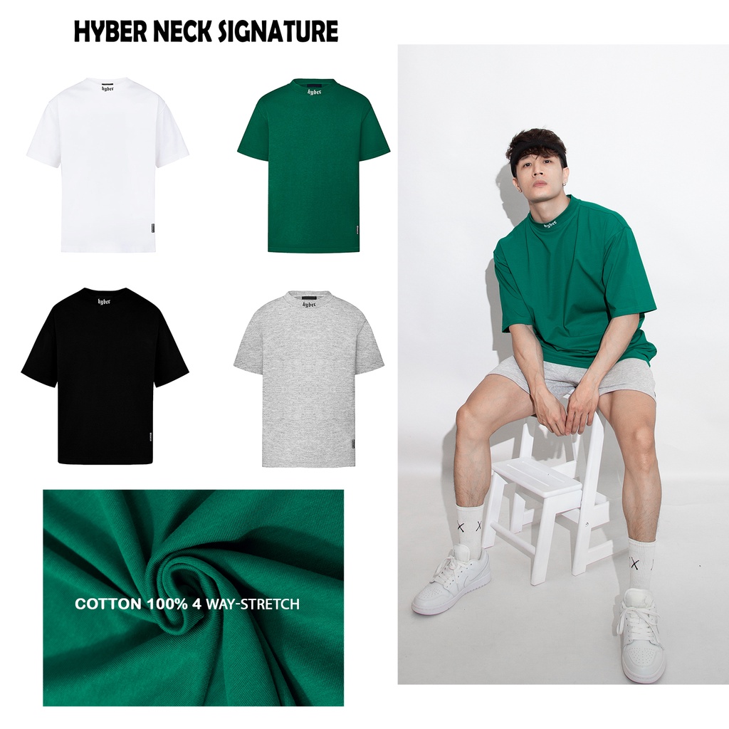 Áo Thun Oversize Cổ Lọ HYBER NECK SIGNATURE, Đen/Trắng/Xanh/Xám