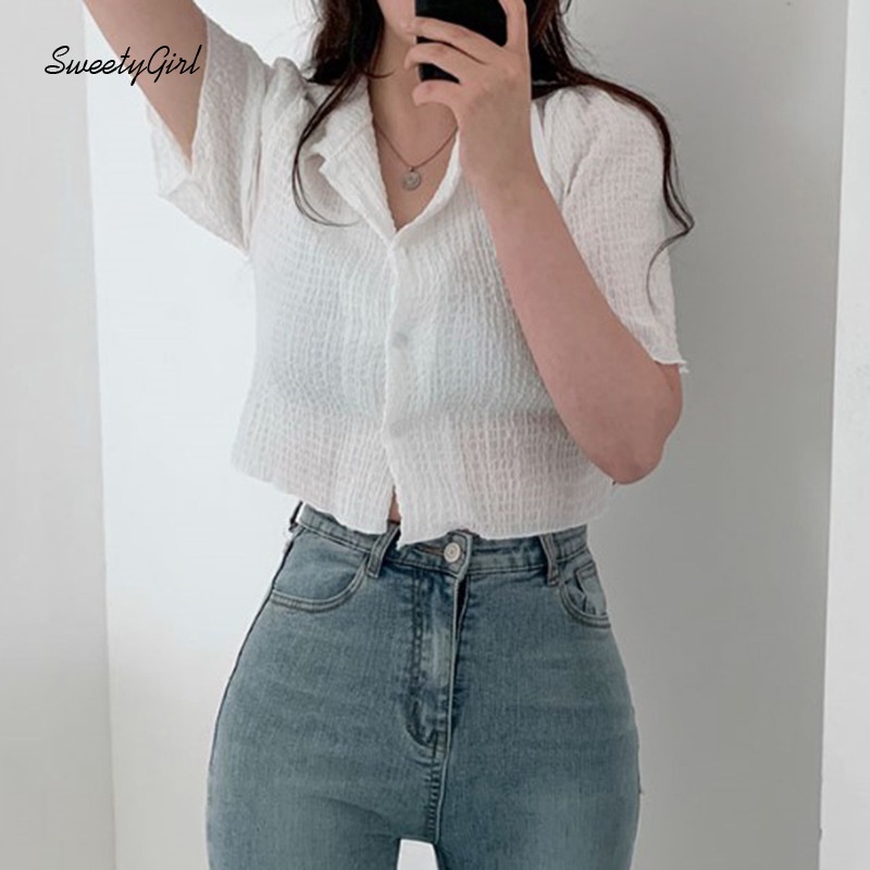 Áo Sơ Mi Tay Ngắn Cổ Bẻ Cài Nút Dáng Ôm Màu Trơn 2022 Thời Trang Cho Nữ