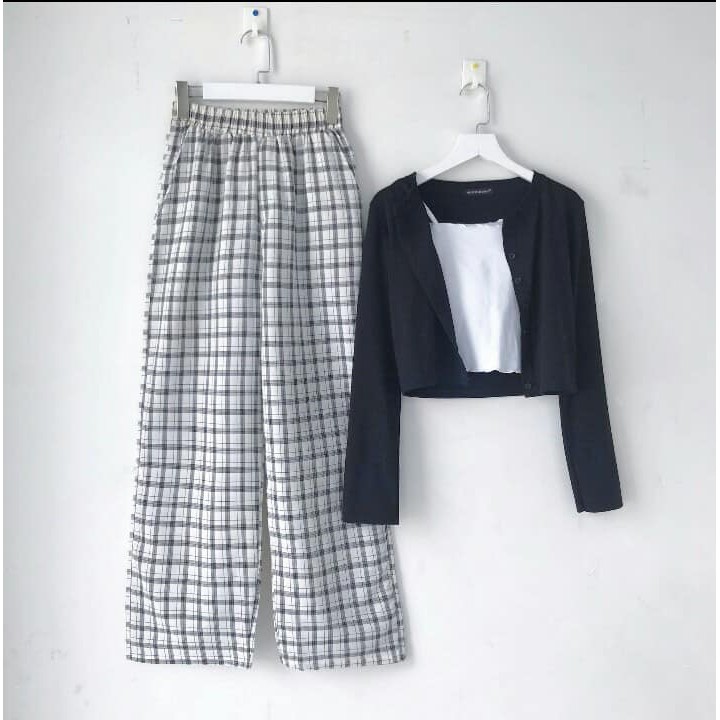 Set như hình áo croptop tay dài + áo 2 dây bên trong + quần dài caro hot hit ulzzang