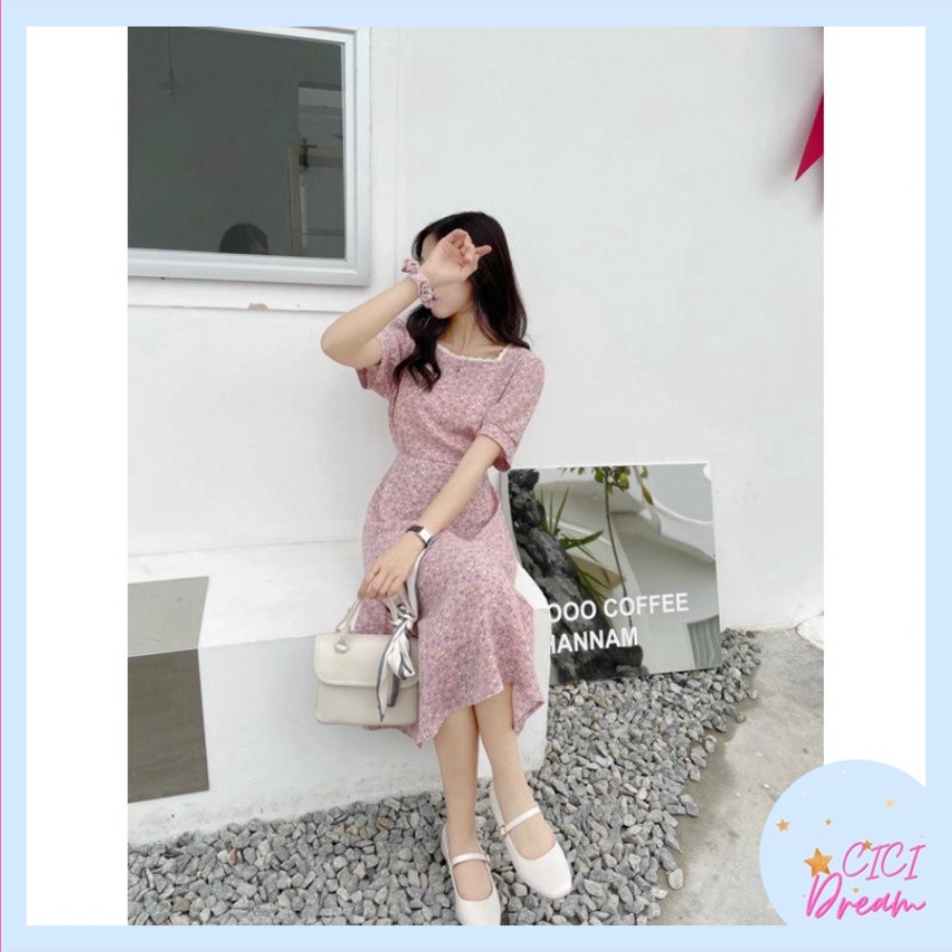 Đầm - váy hoa nhí cổ vuông phối ren tay ngắn kèm chun babydoll, Đầm - váy hoa nhí cổ vuông cộc tay vintage đi biển