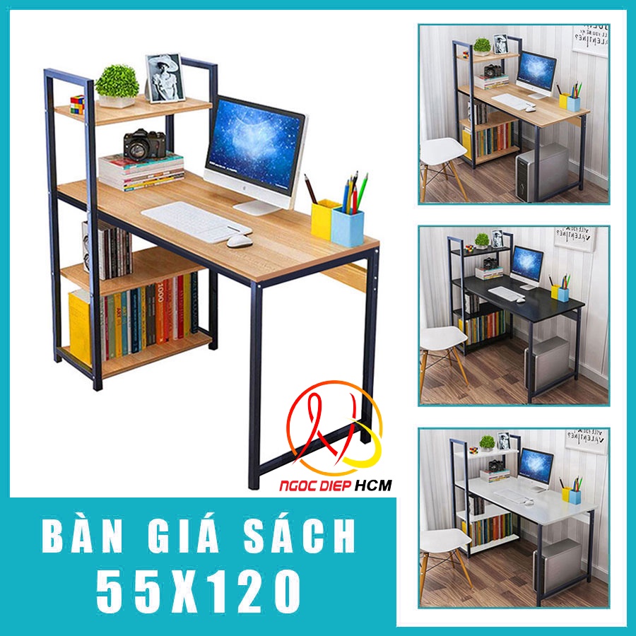 Bàn làm việc khung sắt kèm giá sách sơn tĩnh điện chịu lực cao, bàn vi tính hoặc bàn học, kích thước tiêu chuẩn 55x120 -