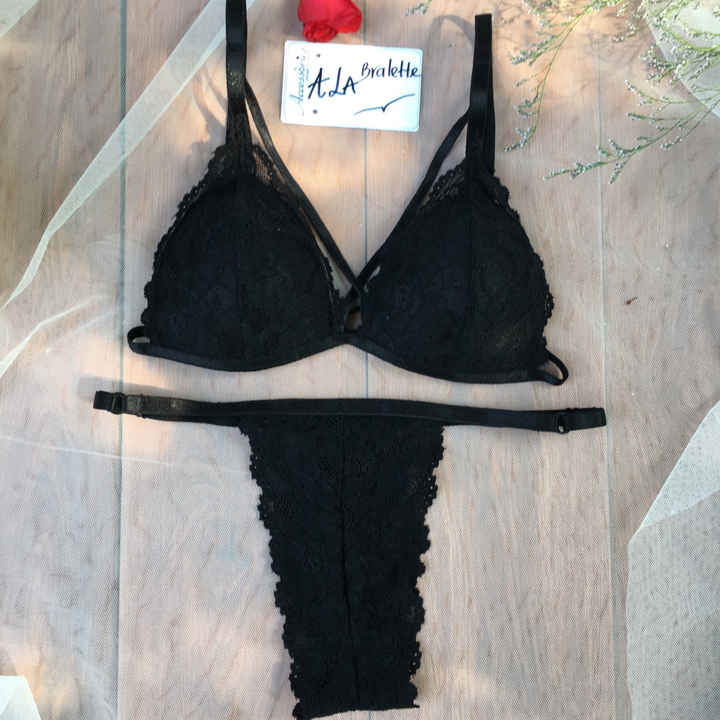 [ RẺ NHẤT SHOPEE ] Bộ bra đen kiểu dây quần ôm eo sexy gợi cảm