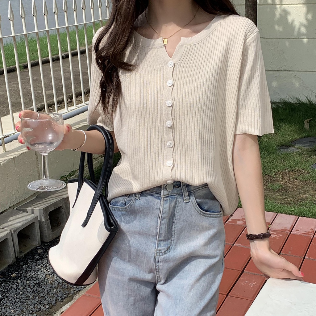 Áo khoác cardigan dệt kim tay ngắn cổ chữ V thời trang mùa hè Hàn Quốc 172091 cho nữ | BigBuy360 - bigbuy360.vn