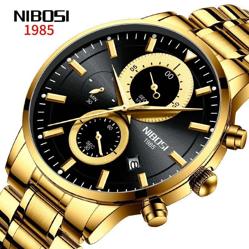 Đồng Hồ Nam NIBOSI NI2390 Dây Thép Cao Cấp Chạy 6 Kim - Tặng Pin Dự Phòng Và Cây Tháo Mắc (Dây Vàng, Mặt Đen)
