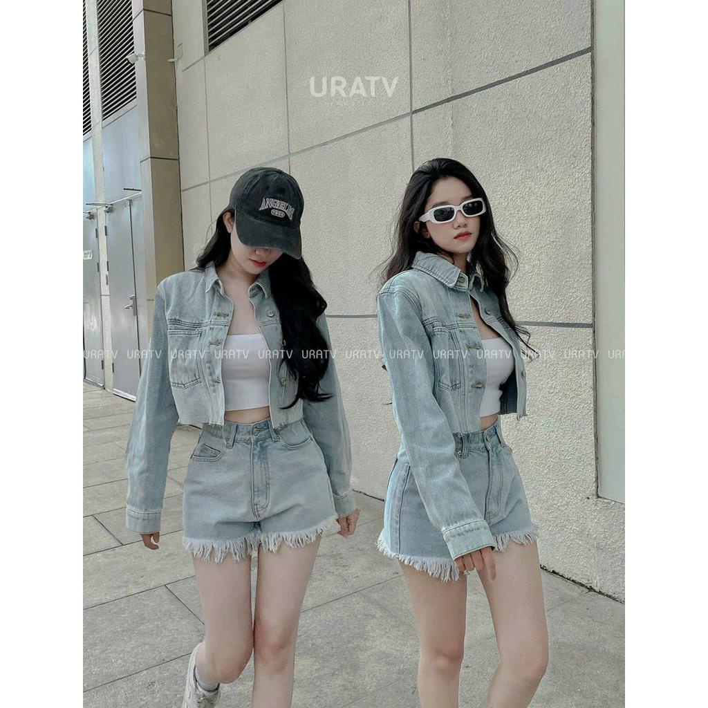 Áo khoác kaki jean rách croptop cổ bẻ có túi tay dài