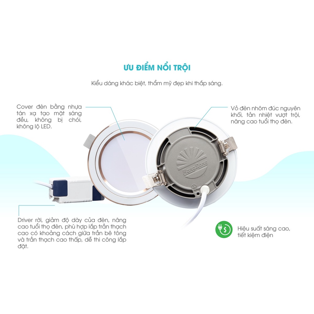 Đèn LED âm trần đổi màu Rạng Đông khoét lỗ 90mm 110mm 8W 10W 12W Tản nhiệt Nhôm AT20