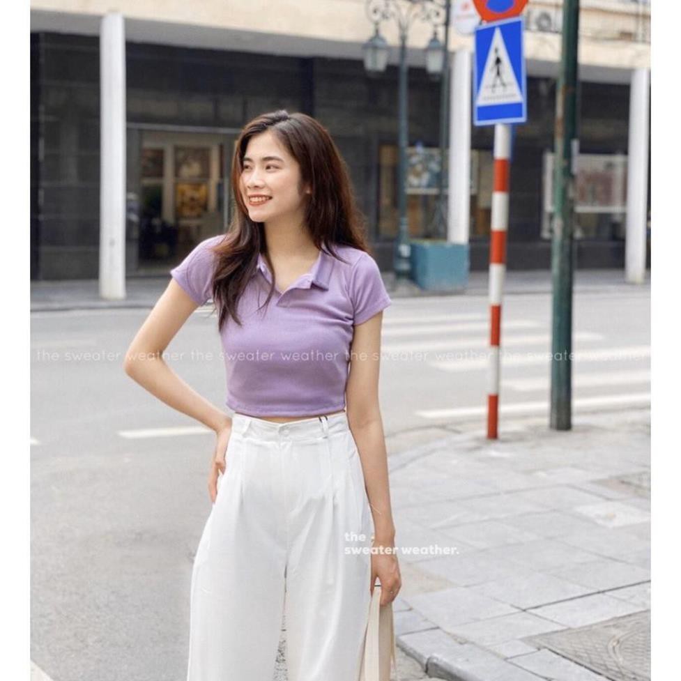 ÁO POLO CROPTOP LEN TĂM ĐEN TRẮNG XÁM TÍM ULZZANG - CROPTOP LEN TĂM CỔ BẺ BASIC New * ◦