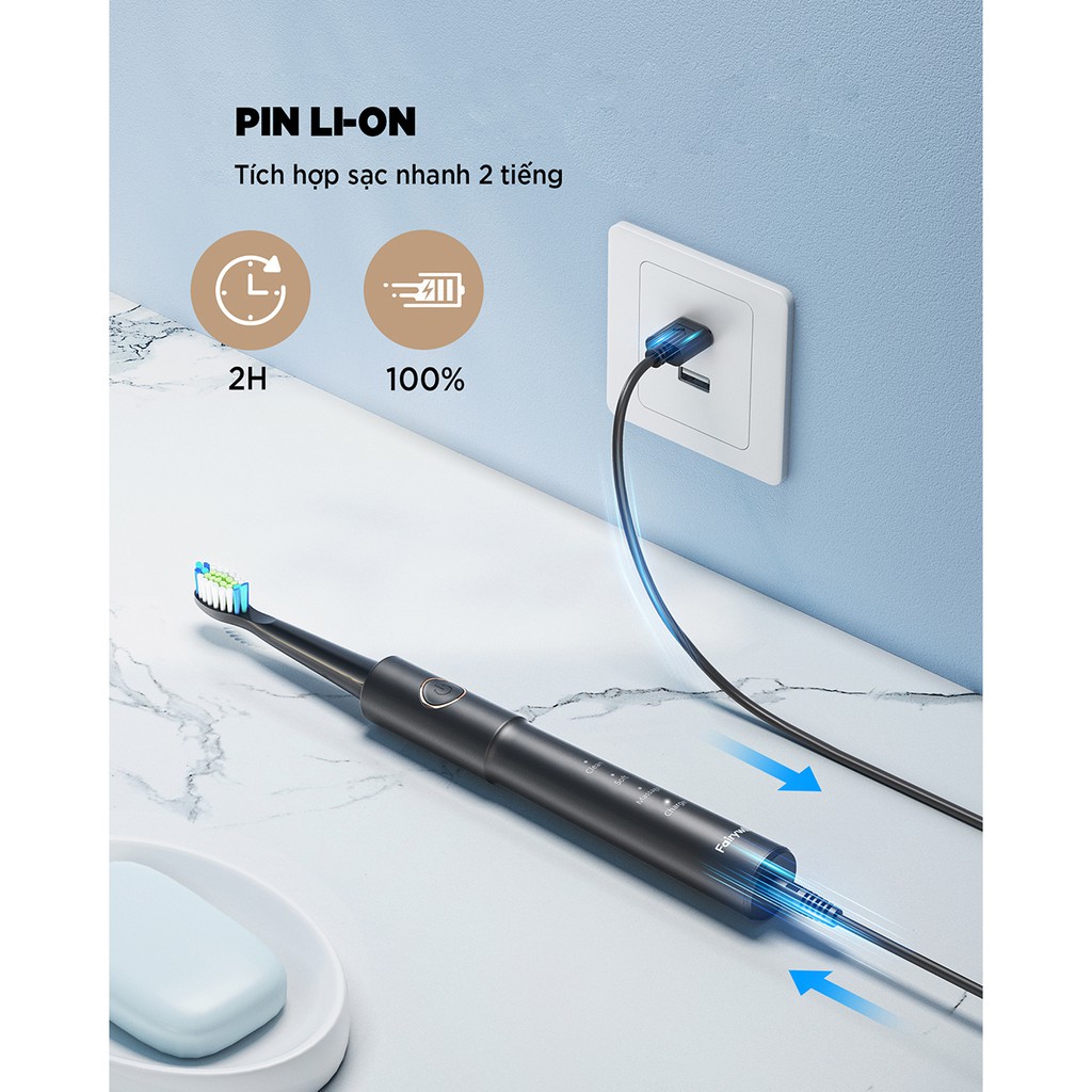 Bàn chải đánh răng điện FAIRYWILL E11 Bản Màu Đen Làm sạch bằng sóng siêu âm 8 đầu thay thế