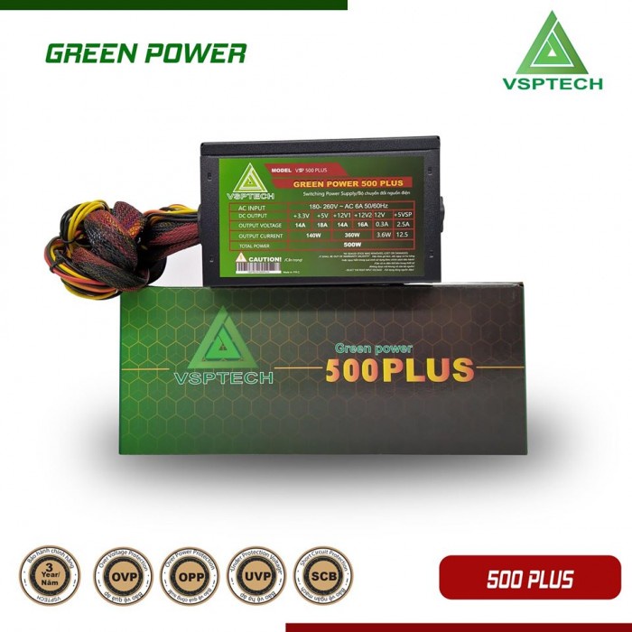 Nguồn Công Suất Thực 500W Vision Green Plus Power 500 VSP Phân Phối Chính Hãng (2x4+4pin, 6+2pin)