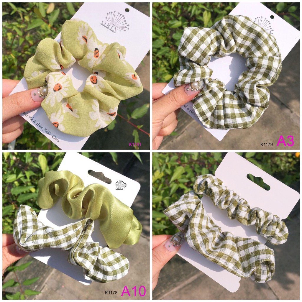Set 2 buộc tóc ,cột tóc scrunchies xanh lá Orin K1179 K1178 K1177 K1181