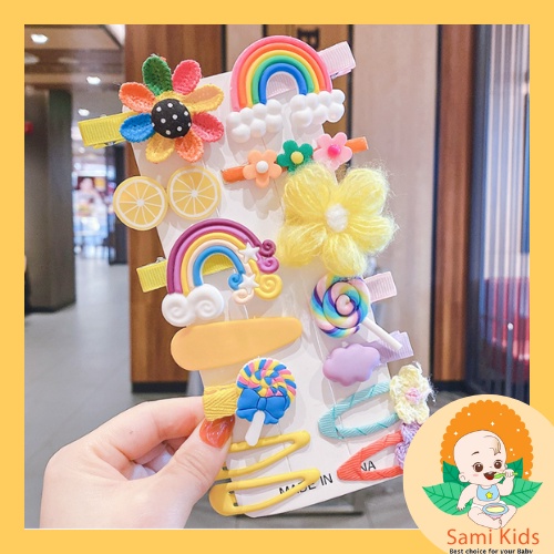Set 14 kẹp tóc mái hàn quốc đẹp cho bé, cặp tóc nơ cute hình hoa, trái cây, công chúa SAMI KIDS