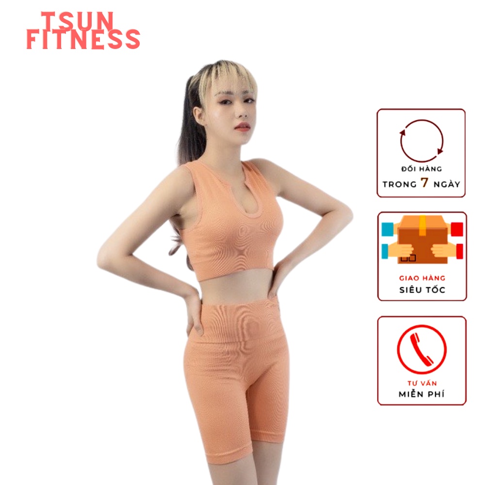 Set Bộ Đồ Tập Gym Nữ, Tập Yoga, Tập Thể Thao Chạy Bộ Vải Dệt Kim Chữ U Tôn Dáng, Sexy, Nâng Ngực