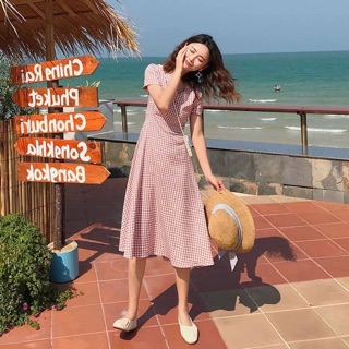 ĐẦM MIDI HỒNG CARO CỔ V (KÈM HÌNH THẬT)