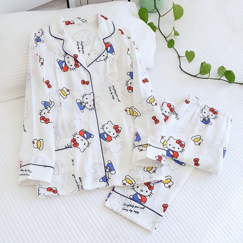 Pijama Sau Sinh Cho Con Bú Chất Xô Nhật Tay Dài Quần Dài Hoạ Tiết Hello Kitty Mẫu Mới 2021