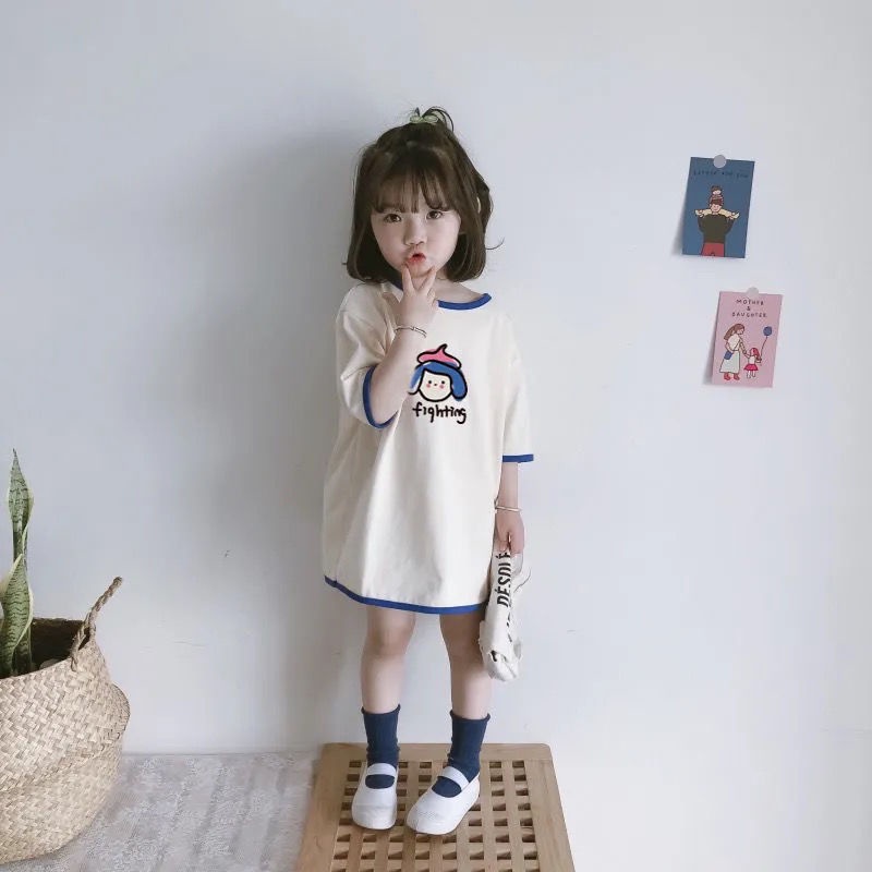 Đầm thun cotton tay ngắn dáng rộng thời trang cho bé gái 1-5 tuổi