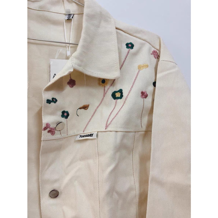 Áo khoác jean hoa nhí phong cách Hàn Quốc màu be order taobao ulzzang KURI.ORD