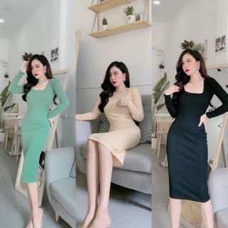 Váy body len tăm cổ vuông dài tay thời trang - Đầm ôm dáng dài cổ vuông len thun đẹp 3 màu đen, xanh, be