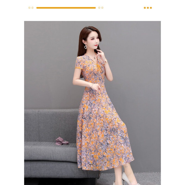 Đầm xoè vintage cổ tim cột nơ sắc xuân in 3D cao cấp