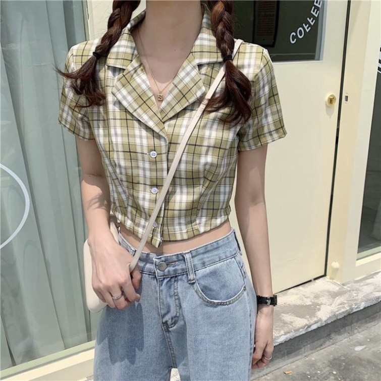 [Áo Kiểu Áo Sơ Mi Nữ Đẹp] Áo Sơ Mi Croptop Tay Ngắn Kẻ Sọc Caro Thời Trang Cho Nữ - Croptop Caro Kẻ Tím Đen Đỏ Hồng Vàng