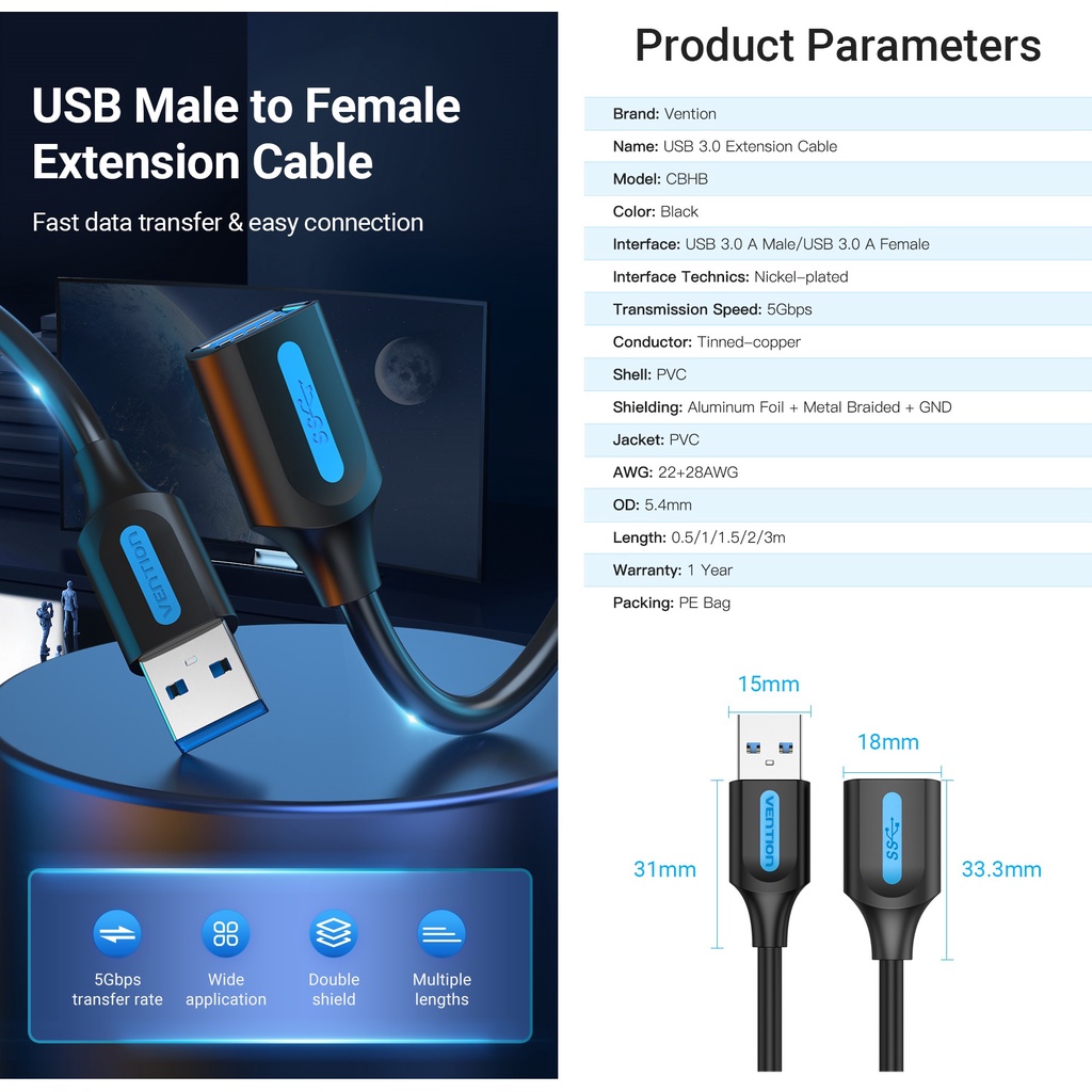 Cáp nối dài USB 3.0 dây nhựa tròn to bền Vention CBHB