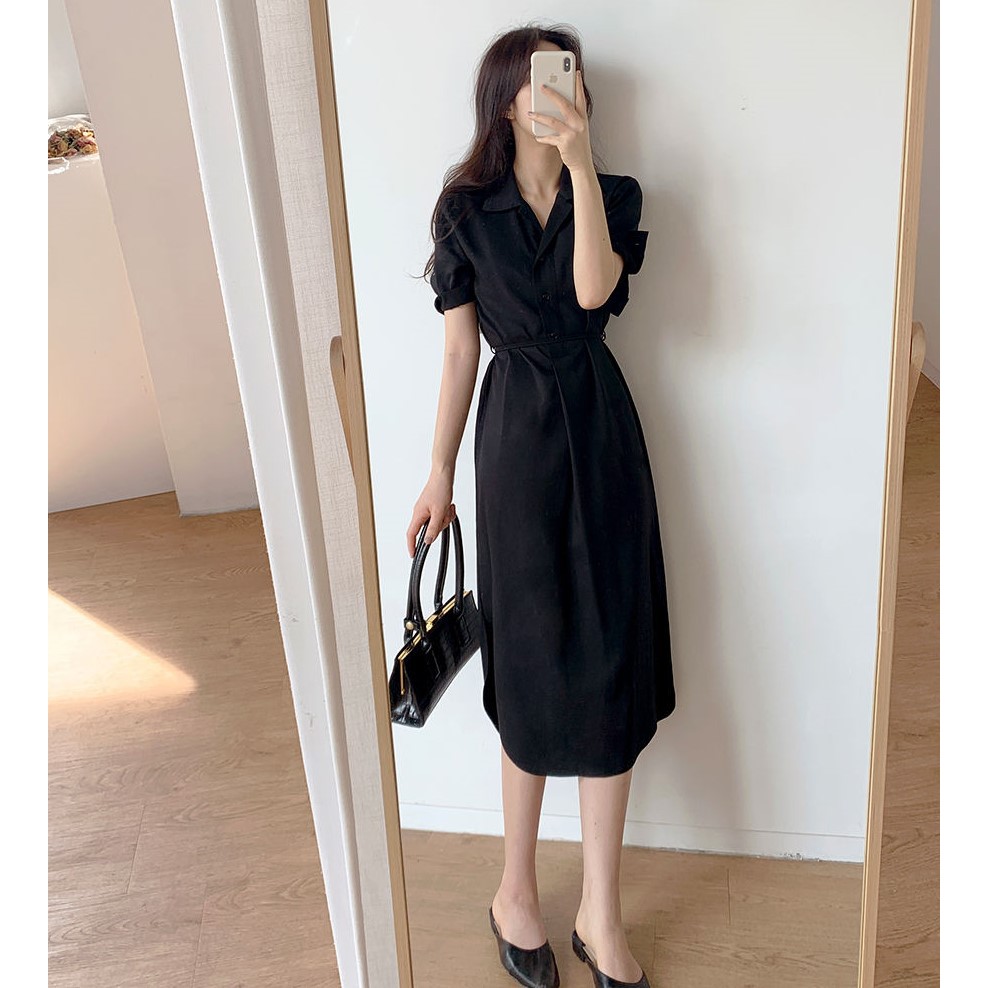 Váy Midi ngắn tay Màu trơn Phong Cách Hàn Quốc 43940