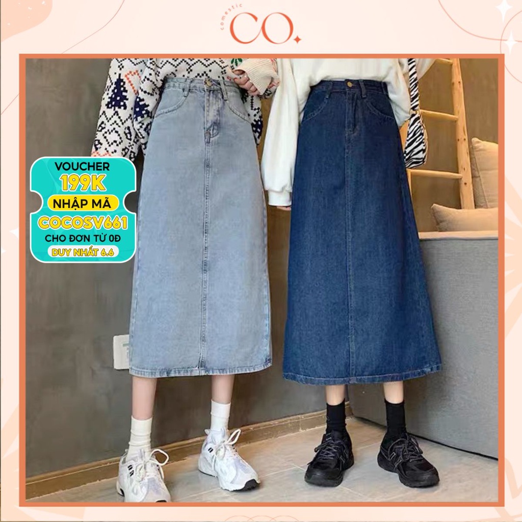 Chân váy jean cạp cao, váy jean dài cạp chỉnh to nhỏ phong cách_A14