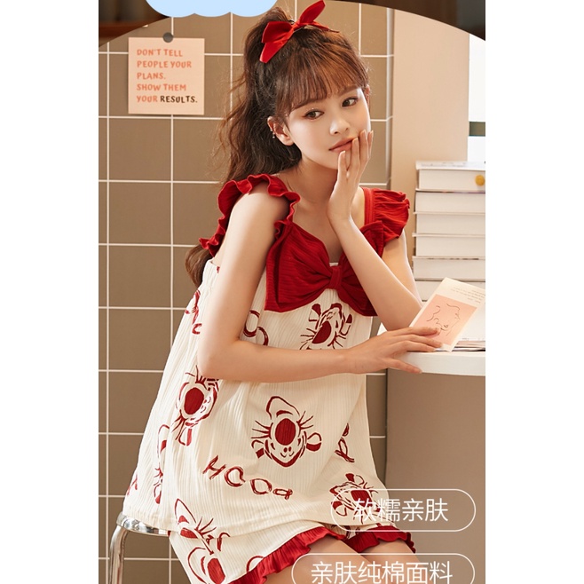 Bộ Ngủ Cotton Hai Dây Bèo Hè 2022
