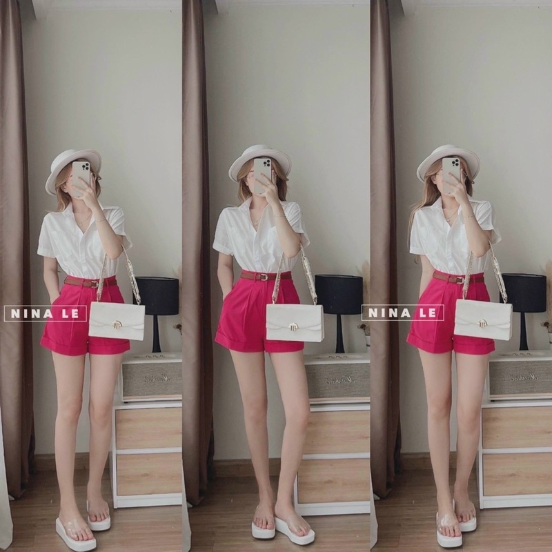 Set short hồng + áo sơ mi tay ngắn 2 túi ( kèm nịt)