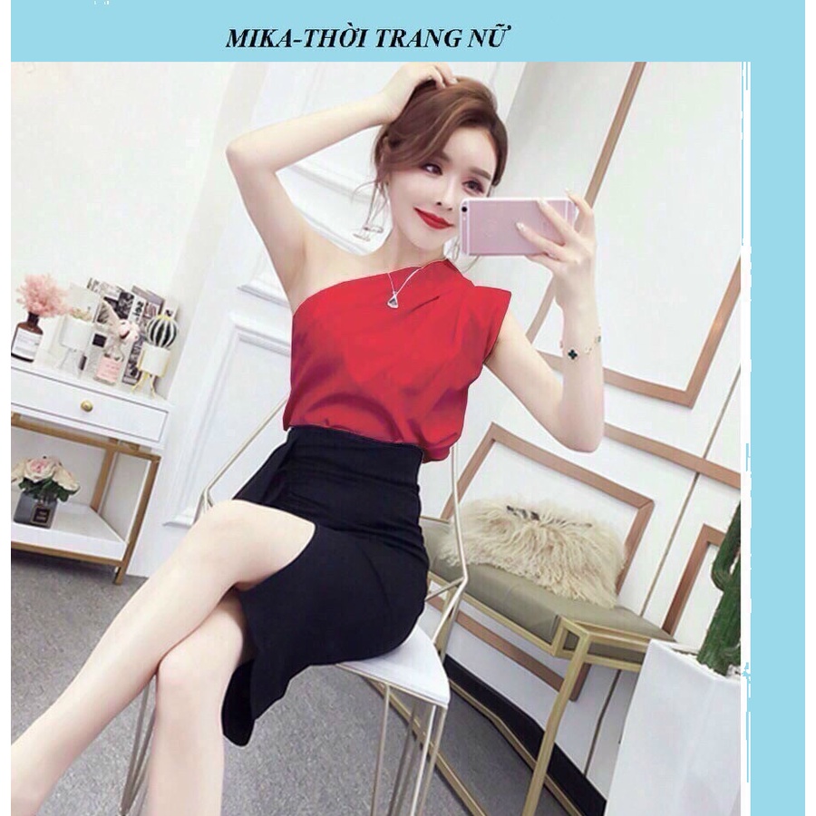Set áo kiểu lệch vai nữ kèm chân váy ôm xẻ tà xinh lung linh cho phụ nữ hiện đại trẻ trung