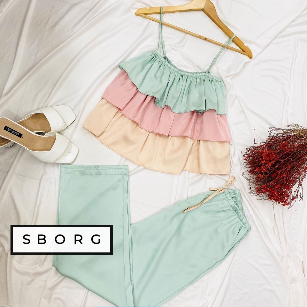 Đồ bộ mặc nhà SBORG bộ pijama nữ 2 dây lụa latin áo 3 tầng bèo cute phối quần dài có túi freesize dưới 60kg quà tặng vợ
