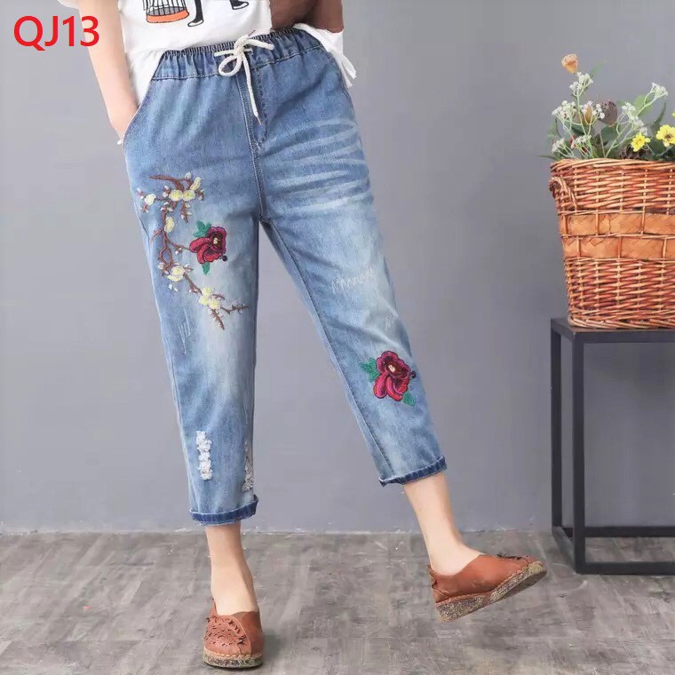 [40-90kg] Quần bò nữ thêu hoa Hồng MS13 BIG SIZE cạp chun co dãn