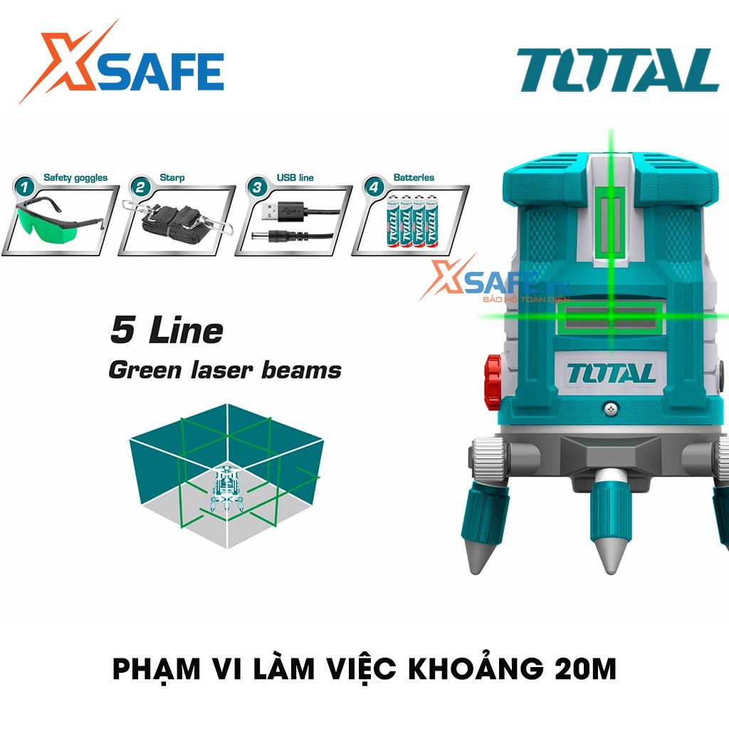 Máy đo mức cân bằng lade TOTAL TLL305205 tia xanh, phạm vi làm việc 0~20m, thước ke góc 1 tia ngang, 4 tia dọc