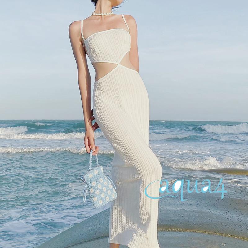 Đầm Dài Hai Dây Màu Trơn Hở Lưng Eo Cao Thời Trang Mùa Hè Cho Nữ