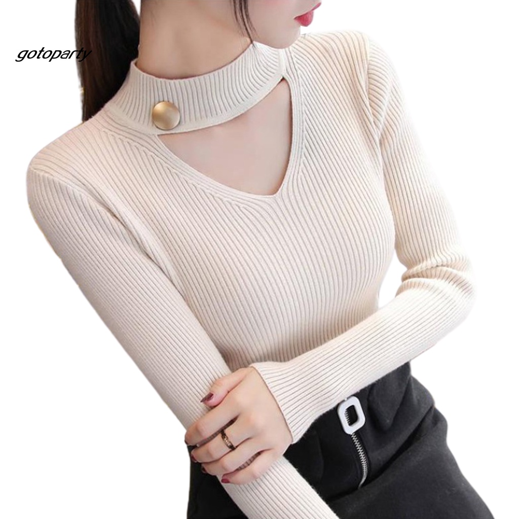 Áo dệt kim tay dài dáng ôm cài nút phối vòng cổ choker thời trang cho nữ | BigBuy360 - bigbuy360.vn