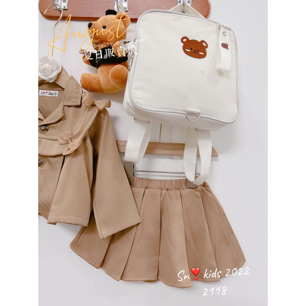 Váy cho bé gái, Sét áo vest nâu 4 nơ kèm chân váy xếp ly cho bé size 12-32kg