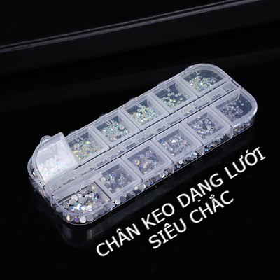 Đá đính móng nail chân keo YHB lưới khay mix size 12 ô 1440 viên, đá nail gắn móng phụ kiện quần áo túi ví siêu sáng