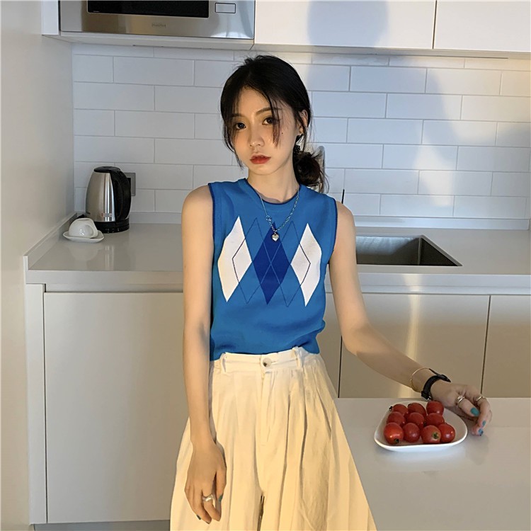 Áo Croptop Dệt Kim Không Tay Họa Tiết Kim Cương Thời Trang Mùa Hè Phong Cách Hàn Quốc 2 Màu Tùy Chọn Cho Nữ