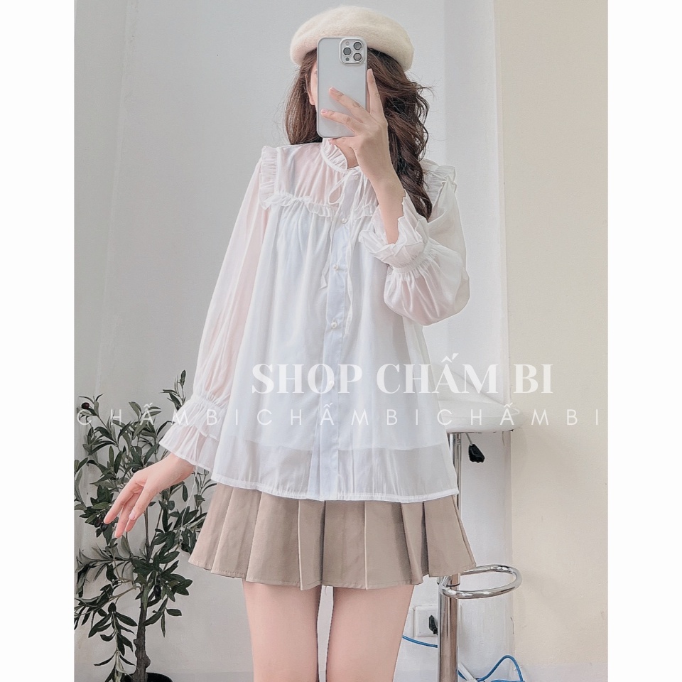 Áo sơ mi bánh bèo A.285, Áo sơ mi dáng babydoll cổ bèo thắt nơ cùng tay bèo cúc ngọc 2 màu ngọt ngào