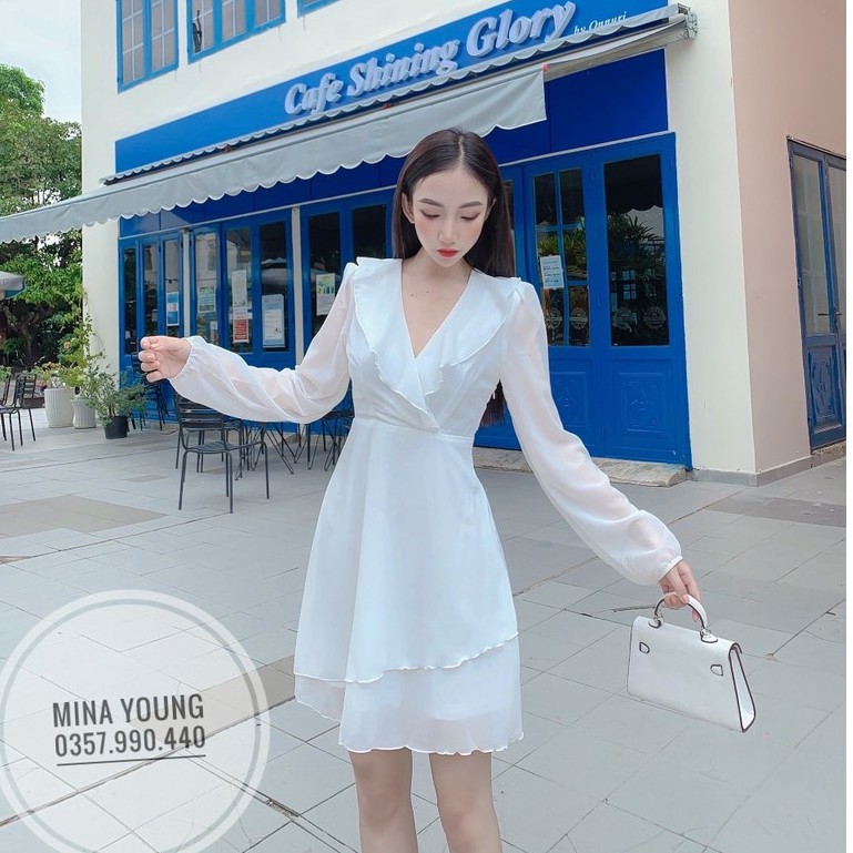 Váy trắng nữ tay dài, chât voan lụa 2 tầng, mềm mịn cổ V bèo ( Hình, clip sản phẩm) - Mina Young Shop