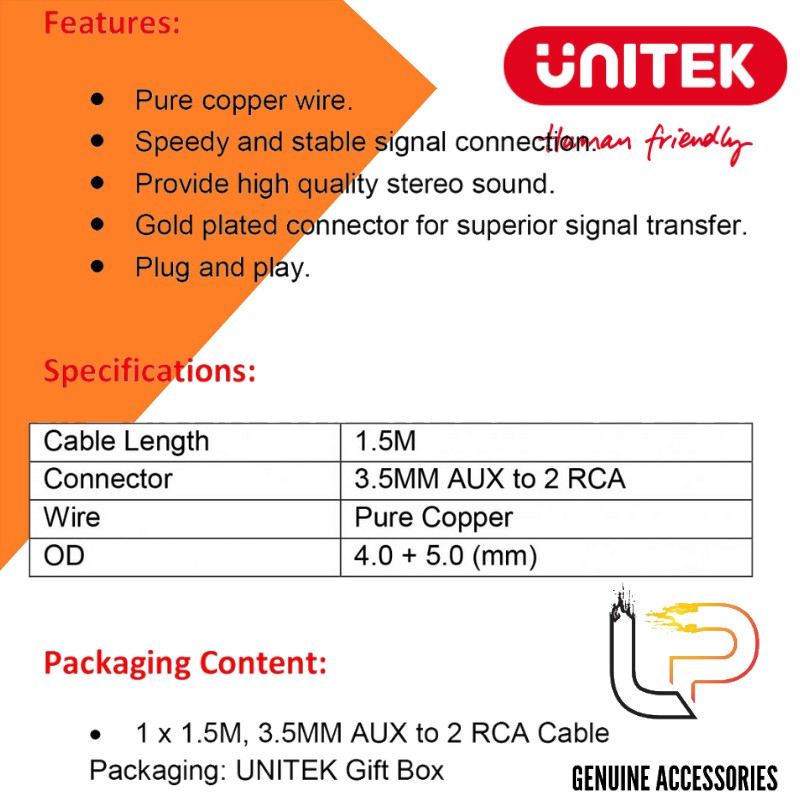 Cáp loa 1 đầu 3.5 ra 2 đầu AV Unitek Y-C 938BK