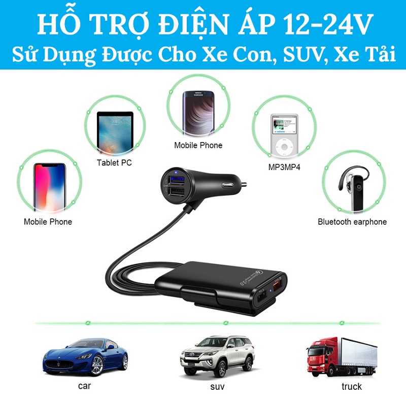 Tẩu Sạc Ô Tô 4 Cổng USB - Có 1 Cổng Quick Sạc Nhanh 3.0 VERSION 5 CARZONE.TOP