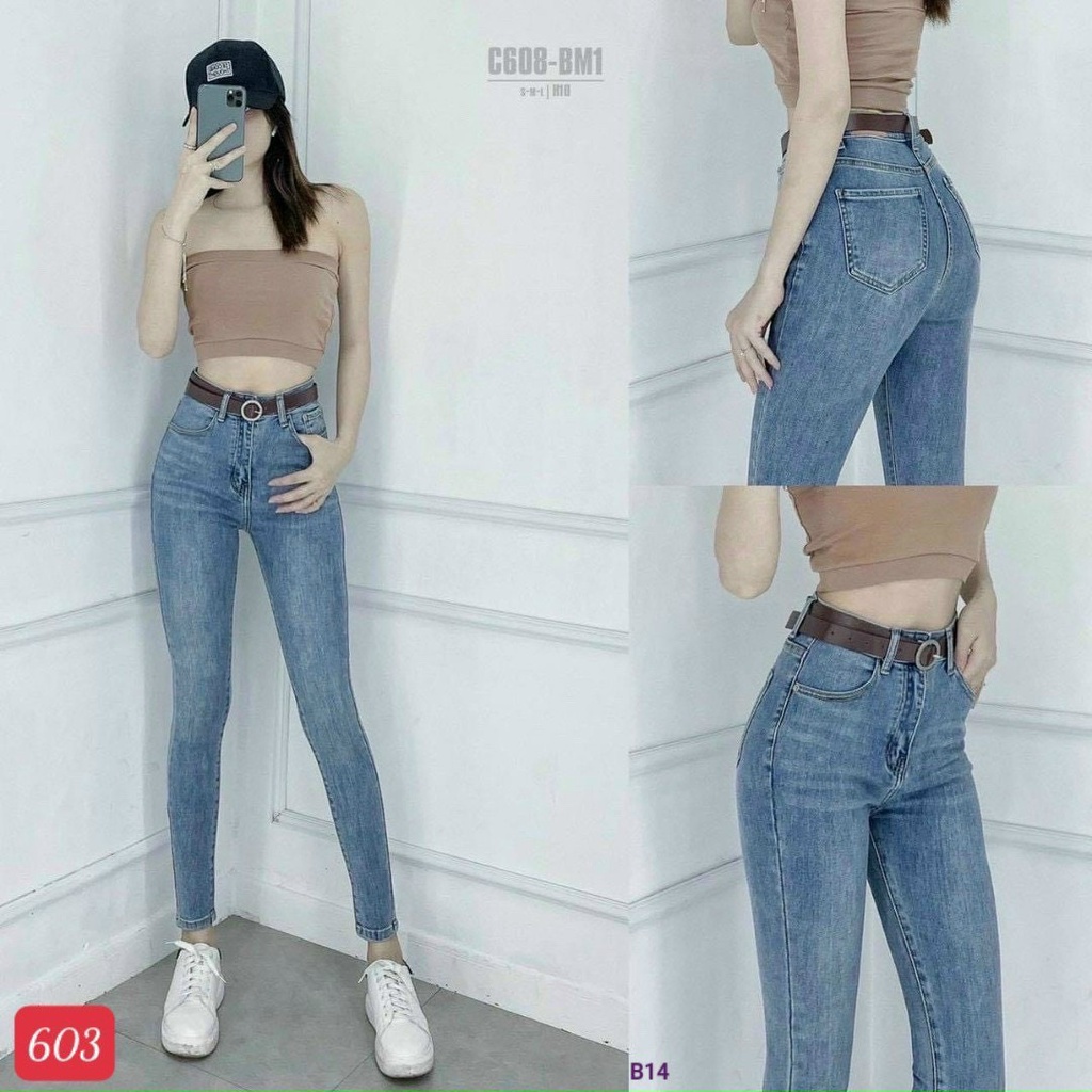 Quần jean nữ lưng cao co giãn, chất bò, màu đen dáng ôm cao cấp thời trang King168 ms508