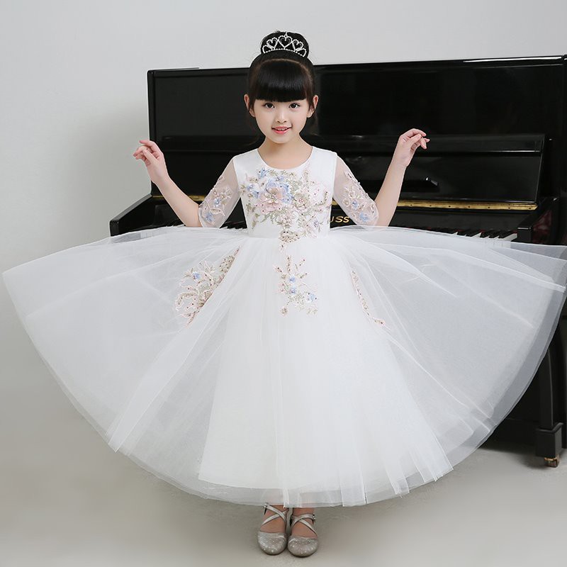 [TRẮNG DÀI] Váy công chúa thiết kế ren thêu hoa 3D cao cấp bé gái 13kg-40kg