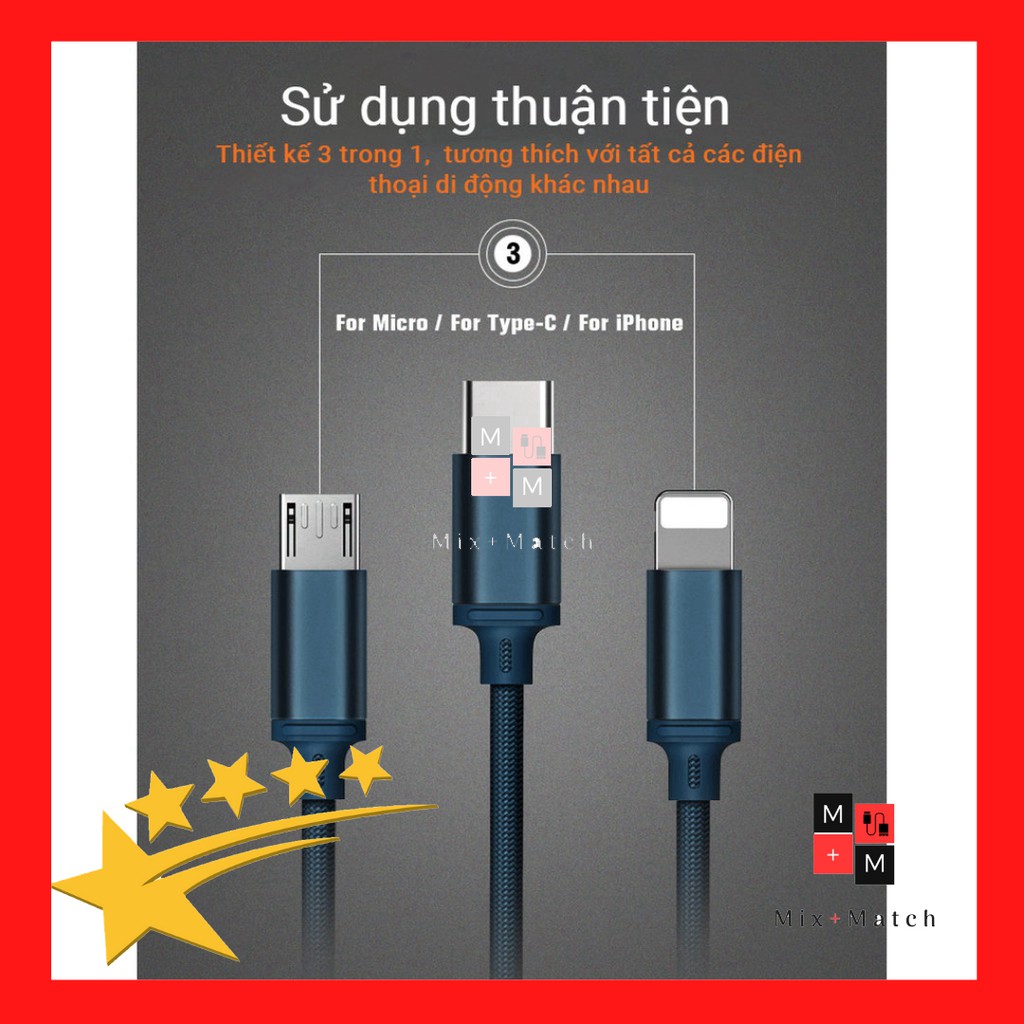 Cáp sạc Remax RC 131 - Sạc 3 đầu Micro Usb /Type C/Lightning