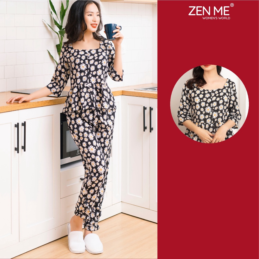 Đồ Bộ Nữ Mặc Nhà Tay Lửng Quần Dài Cổ Vuông Nữ Tính PJB1221, Zen Me Women's World