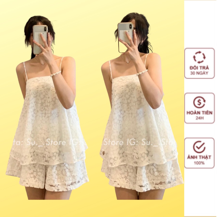 Set Bộ Ren Hoa Áo 2 Dây BabyDoll Quần Short Cạp Chun- Thaonhu